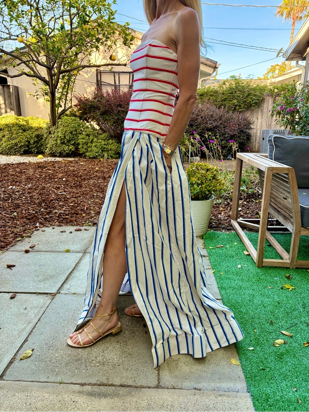 Rosie Assoulin Drop Waist Strapless Cotton Gown, red/blue stripes, slit, 0, EUC - Picture 3 of 16